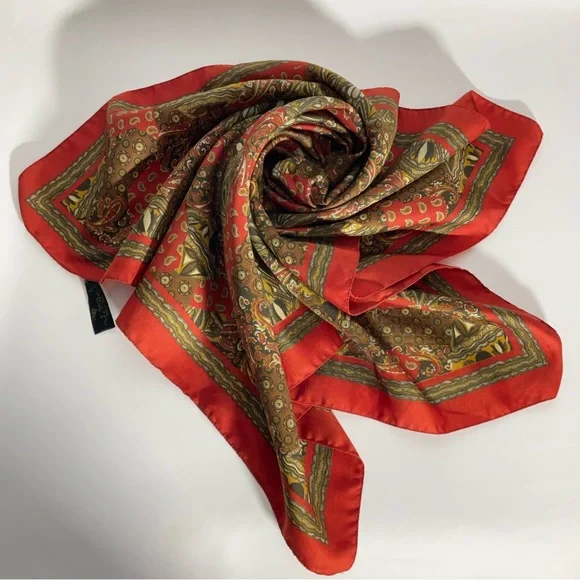 Art of the Scarf Made in Italy 80”x80” Orange Brown Pattern Design Scarf; Pretty - Picture 8 of 11